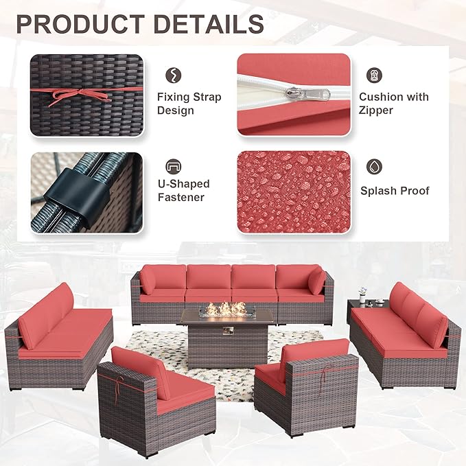 Kurapika 14 Pieces Patio Furniture Set, Rattan Wicker Outdoor Conversation Sets w/43in Propane Fire Pit Table and 4 Inch Cushion(Red)