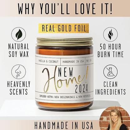 House Warming Gifts New Home, Housewarming Gifts New Home - 'New Home 2024' Soy Candle, w/Vanilla, Coconut & Vetiver I for New House, New Home Gifts I 9oz Jar, 50Hr Burn, Made in USA
