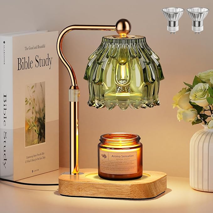 Candle Warmer Lamp with Timer Dimmer, Modern Wax Warmer for Scented Wax Jar Candle Warmer with 2 Bulbs, Adjustable Height Glass Lamp for Gifts for Women, House Warming Gifts, Home Decor, Gold Green