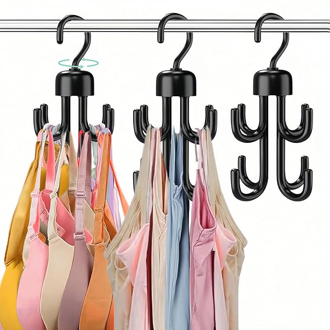 3Pcs Tank Top Hanger, Rotatable Bra Hangers for Closet Organizer, Max 72 Storage Capacity Belt Hanger, Plastic Space Saving Closet Organizers Apartment Dorm Essentials for Bra (3, Black)