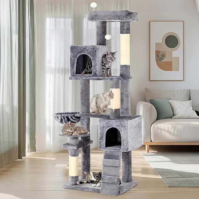 YITAHOME 70.8-Inch Tall Cat Tree Indoor: Multi-Level Kitten Tower with Kitty Condos, Top Perches, Scratching Posts & Cozy Basket Pet Play House Light Gray