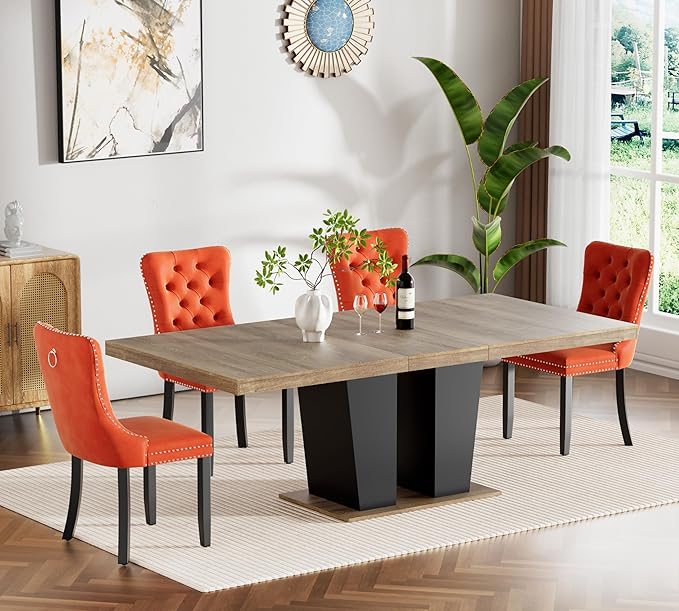 Goujxcy 5-Piece Extendable Dining Table Set for 4-8 People 63-78 Inch Kitchen Table Set with 4 Velvet Upholstered Chairs Farmhouse Rectangular Dining Room Table Set for Kitchen Dining Room Apartment