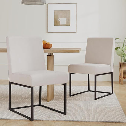 VKNOW Upholstered Dining Chairs Set of 6, Modern Dining Room Chairs, Linen Kitchen Chair Dinner Chair with Black Metal Base for Kitchen Office, Beige-Unstriped