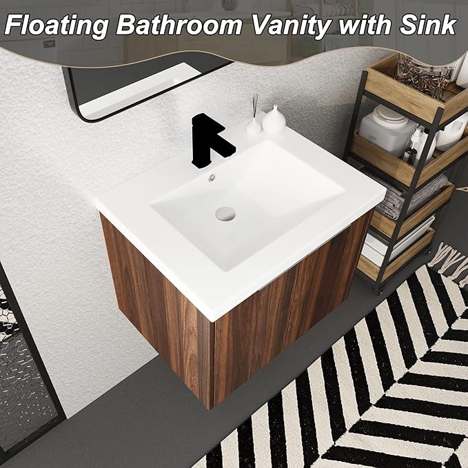 Goujxcy 24" Wall Mounted Bathroom Vanity with Sink, Modern Floating Bathroom Cabinet with White Resin Wash Basin & Storage Cabinet, Soft-Close Door Wood Hanging Bath Room Cabinet