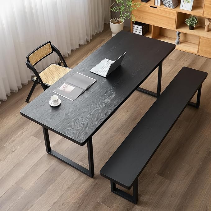 Modern Solid Wood Dining Table with Metal Base Stylish Durable Dining Room Table in Black Multiple Sizes Home Use Office Desk(55.12in)