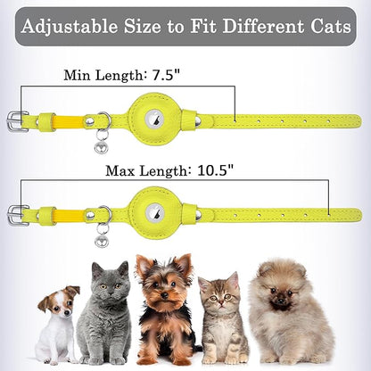 OOPSDOGGY Cat Collar for AirTag Holder, Leather Kitten Collars with Elastic Strap & Bell, Non Breakaway Adjustable Small Pet Collars for Indoor & Outdoor for Boy, Girl (Yellow)