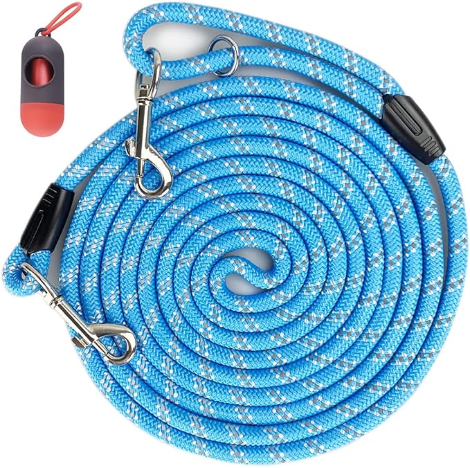 Long Rope Dog Leash for Dog Training 12FT 20FT 30FT 50FT, Reflective Threads Dog Cat Leashes Tie-Out Check Cord Recall Training Agility Lead for Large Medium Small Dogs (Blue, 10mm*50ft)