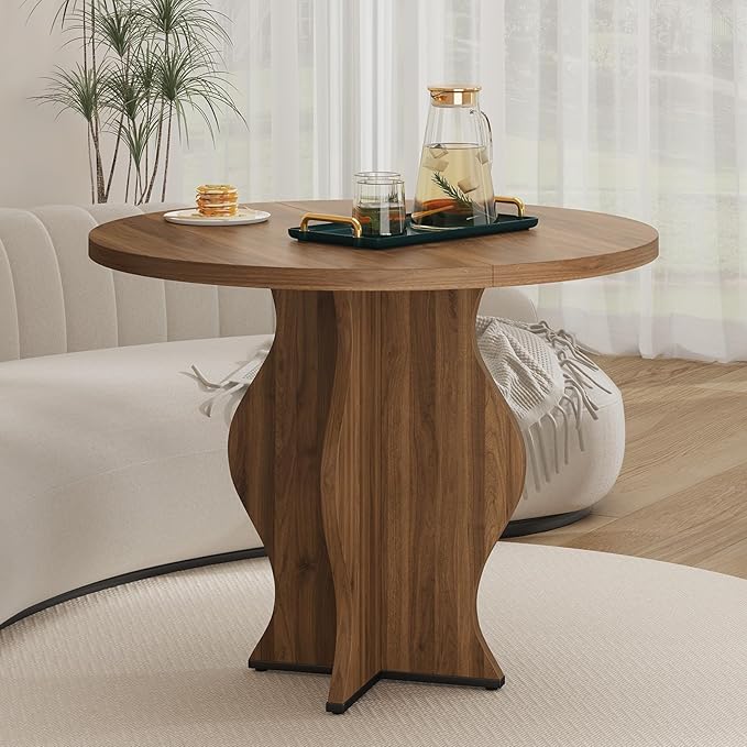 31.5 Inch Small Round Dining Table for 2, Modern Farmhouse Wood Kitchen Table, Rustic Walnut Circle Dining Room Table with Pedestal Base for Kitchen and Dining Room Furniture