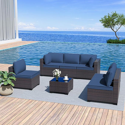 Kurapika 7 Pieces Patio Furniture Set, Rattan Wicker Outdoor Conversation Sets w/4 Inch Cushion and Glass Coffee Table(Navy Blue)