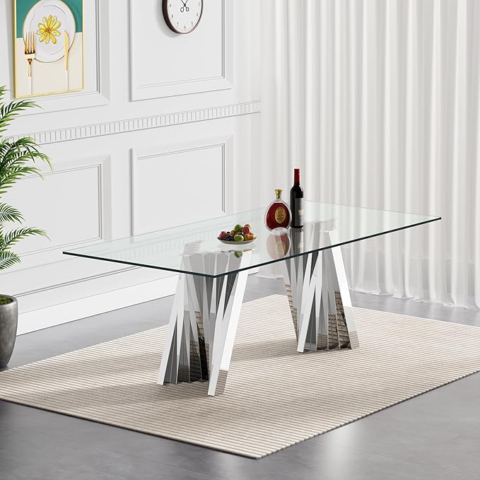 Goujxcy 70" Glass Dining Table Set for 6, Modern Silver Dining Table Set with 6 Black Velvet Upholstered Dining Chairs, 7 Piece Kitchen Dining Room Table Set with Stainless Steel Legs