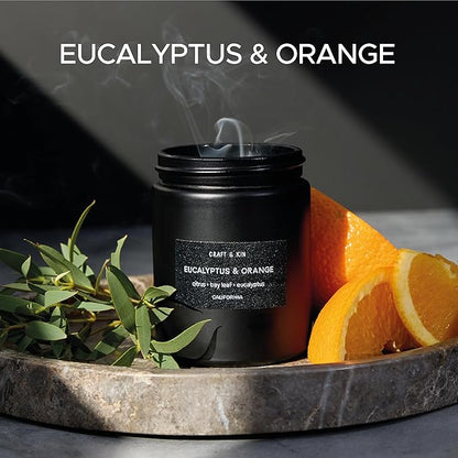 Craft & Kin Premium Orange & Eucalyptus Candle | Black Christmas Scented Candles for Home | Long Lasting with 45 Hour Burn Time, 7.6oz | Soy Holiday Candle | Aromatherapy at Home | Gifts for Men