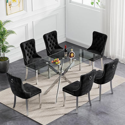 Goujxcy Glass Dining Table Set for 6, Modern Kitchen Table and Chairs Set of 6, 7-Piece Kitchen Dining Room Table Set w/51 Glass Metal Dining Table and 6 Black Velvet Upholstered Chairs
