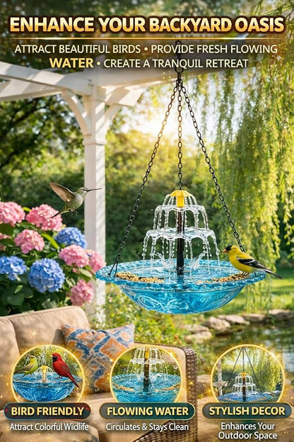 Solar Cascade Hanging Bird Bath Fountain, 2026 New Outdoor Hanging Bird Bath with Solar Fountain, Large Humming Birds Baths Fountains, with Solars Pump & Glass Bowl, for Outdoor, Gardens (#7)