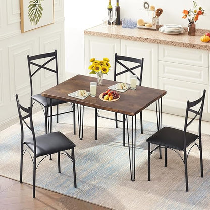VECELO 5-Piece Dining Table Set for Home Kitchen Small Space Breakfast Nook, 4 Faux Leather Metal Frame Chairs, Retro Brown,Set for 4