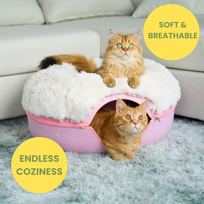 CATTASAURUS Peekaboo Cat Cave for Multiple & Large Cats Up to 30-45 Lbs, Fluffy Cat Beds for Indoor Cats, Scratch Detachable & Washable Tunnel Bed, Comfy Donut Cave (Pink, Large (Calming))