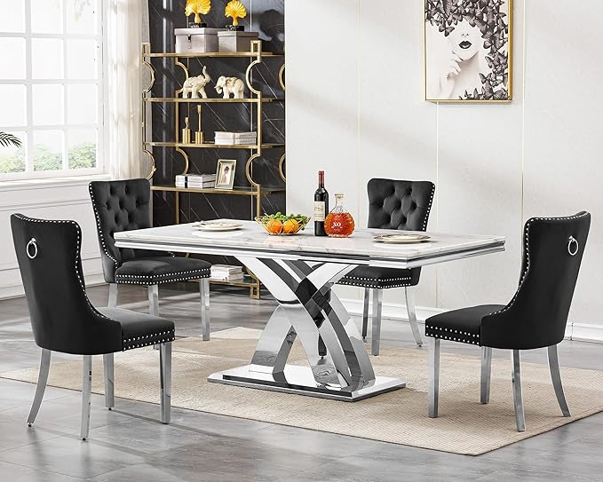 Goujxcy 68" Marble Dining Table Set for 4, Modern Rectangle Dining Room Table Set for 4, Luxury White Silver Marble Kitchen Table and Chairs Set of 4 for Living Room,Kitchen