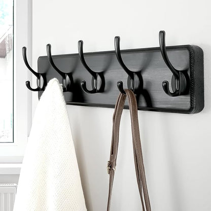 Dseap Coat Rack Wall Mount: Modern, Patented, Heavy-Duty, 17.4" Long 5-Double-Hooks Wooden Hanger Hook Rail for Winter Coats Hat Jacket Clothing, Black