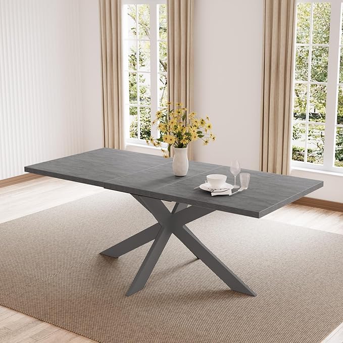 ZckyCine 7-Piece Dining Table Set, 6-Person Modern Rectangular Wooden Expandable Dining Table and 6-Person Leather Dining Chairs, 6-Person Kitchen Table and Chairs, Perfect for Kitchen Dining