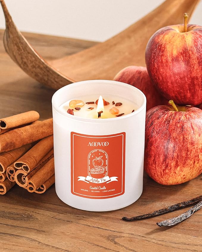 AOOVOO Apple Pie Scented Candles for Women - Aromatherapy Candle with Crystals Inside, 10oz Soy Candles for Home Scented, Birthday Gifts Christmas Candle for Women Mom