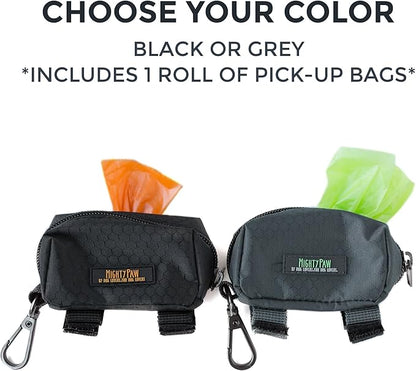 Mighty Paw Dog Poop Bag Holder - Zippered Pouch with Carabiner Hook - Includes Roll of Pick-up Bags - Pet Poop Holder and Dispenser - Pet Walking Supplies - (Grey/Green)