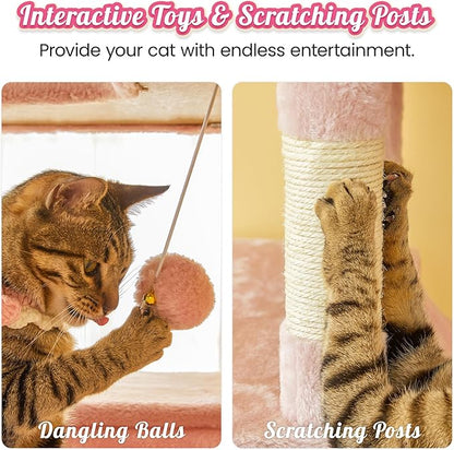 MWPO Pink Extra Large Cat Tree, 77.6-Inch Tall Cat Tower for Indoor Cats with 2 Condos, Multi-Level Cat Stand for Large Cats, 3 Hammocks, Wide Perch, Scratching Posts, Dangling Toys