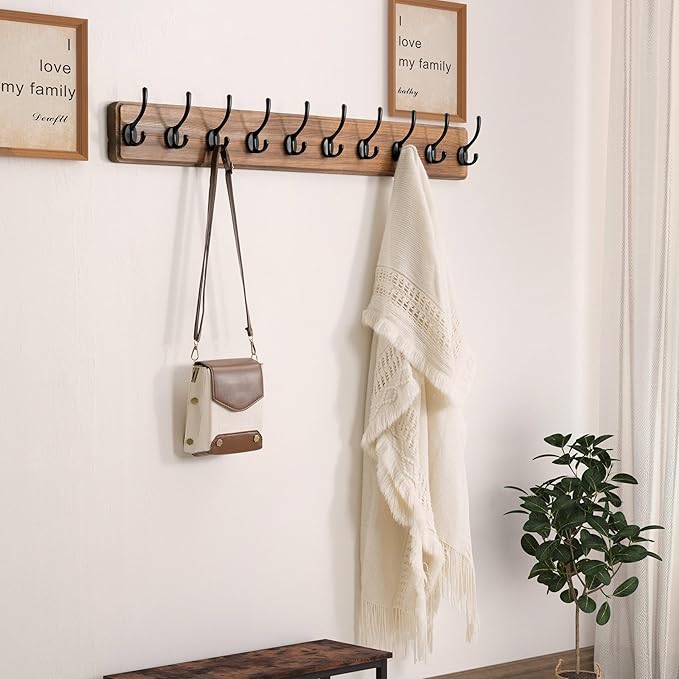 Dseap Wall Mounted Coat Rack: 38-1/4" Long, Patented, Heavy-Duty, 10-Double-Hooks Wooden Hanger Rail for Winter Coats, Hats, Jackets, Clothing - Natural & Black, Pack of 2