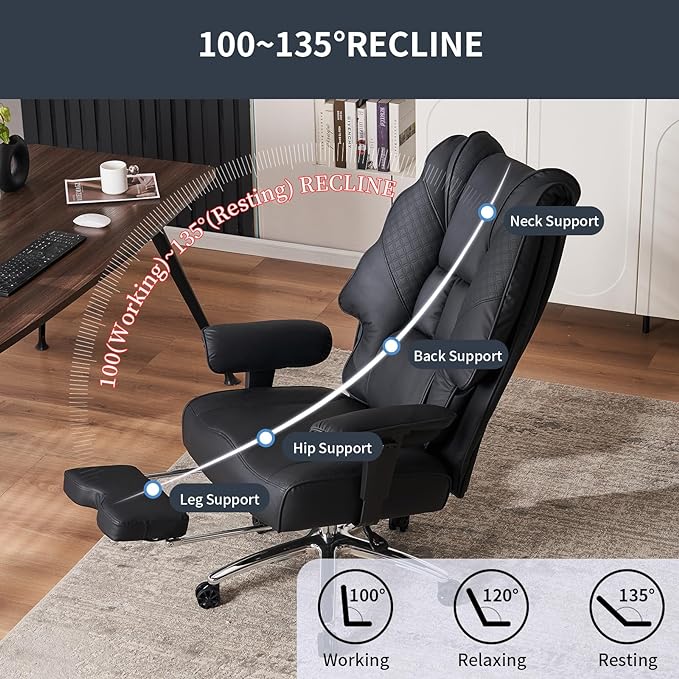 Big and Tall Office Chair 400lbs Wide Seat, Leather High Back Executive Office Chair with Foot Rest, Ergonomic Chairs Lumbar Support for Lower Back Pain Relief (Black)