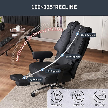 Big and Tall Office Chair 400lbs Wide Seat, Leather High Back Executive Office Chair with Foot Rest, Ergonomic Chairs Lumbar Support for Lower Back Pain Relief (Black)