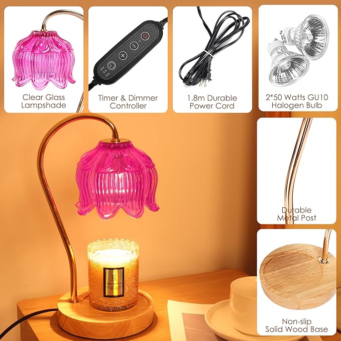 Vintage Flower Candle Warmer Lamp with Timer & Dimmer - Lotus Candle Lamp Warmer - Fits All Jar Scented Candles，Unique Gifts for Mom