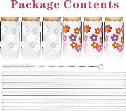 Mason Life Glass Cups with Lids and Straws, 20OZ Can Shaped Glass Cups, Drinking Glasses, Iced Coffee Glasses Cup, Reusable Smoothie Iced Coffee Drinking Cup - Set of 6