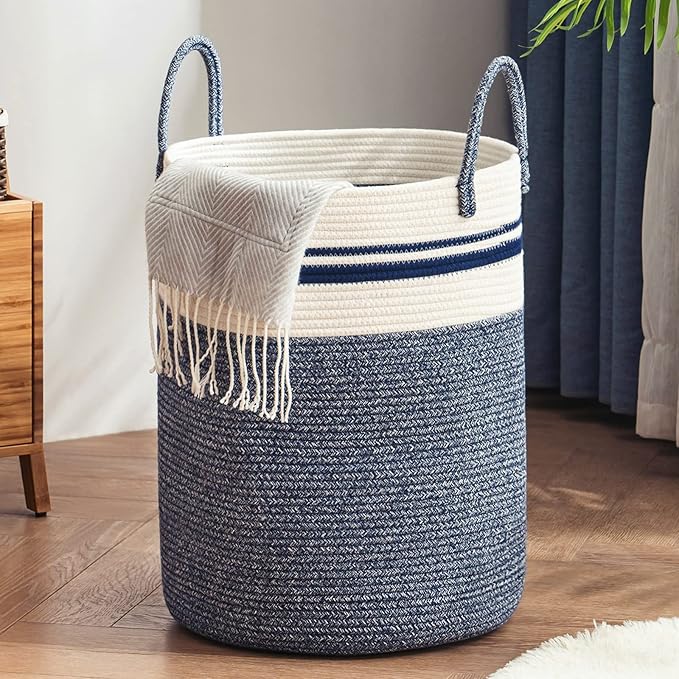 Woven Rope Laundry Hamper Basket by YOUDENOVA, 58L Tall Luandry Basket, Baby Nursery Hamper for Blanket Storage in Bedroom-Large-Blue