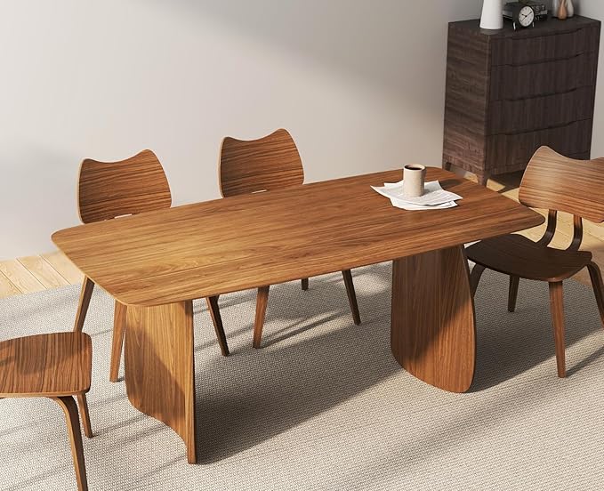 70 Inch Large Dining Table for 6-8 People, Solid Wood Kitchen Table with Curved Wooden Legs, Mid Century Modern Rectangular Long Dinner Table for Dining Room, Walnut