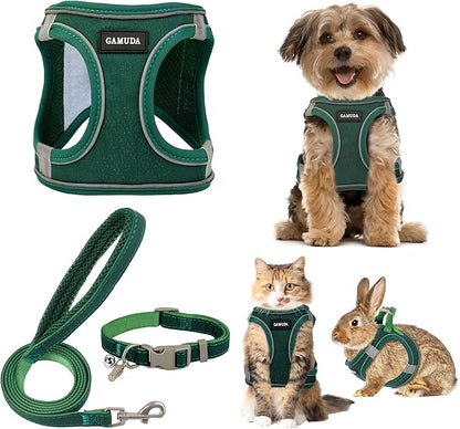 GAMUDA Small Pet Harness Collar and Leash Set, Step in No Chock No Pull Linen Fabric Soft Mesh Dog Vest Harnesses Reflective for Dogs Puppy Cats Kitten Rabbit (Green, M)