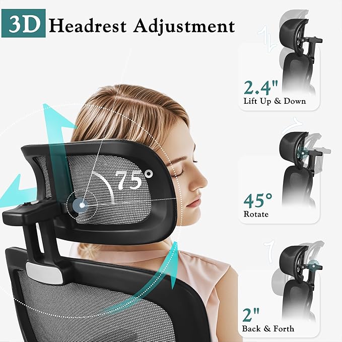 VECELO High Back Ergonomic Office Chair, Big and Tall Mesh Desk Chair with Wheels, Tilt Function, 3D Headrest, Lumbar Support, Swivel Rolling Computer Chair for Task, Home Office, Black