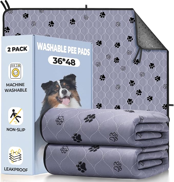 Fostanfly Washable Pee Pads for Dogs, 2 Pack 36"x48" Superior Reusable Puppy Pads, Waterproof Protects Against Urine Leakage, Non-Slip Grip Prevents Slipping and Bunching for Dog Training