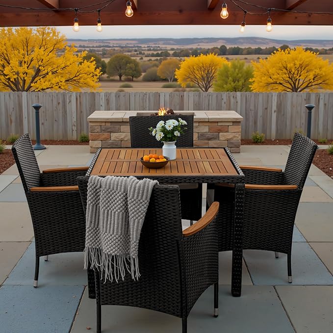 Greesum 5 Pieces Outdoor Patio Dining Set, Conversation Sets with 1 Table and 4 Rattan Chairs with Curved Acacia Wooden Armrests and Cushions, Black