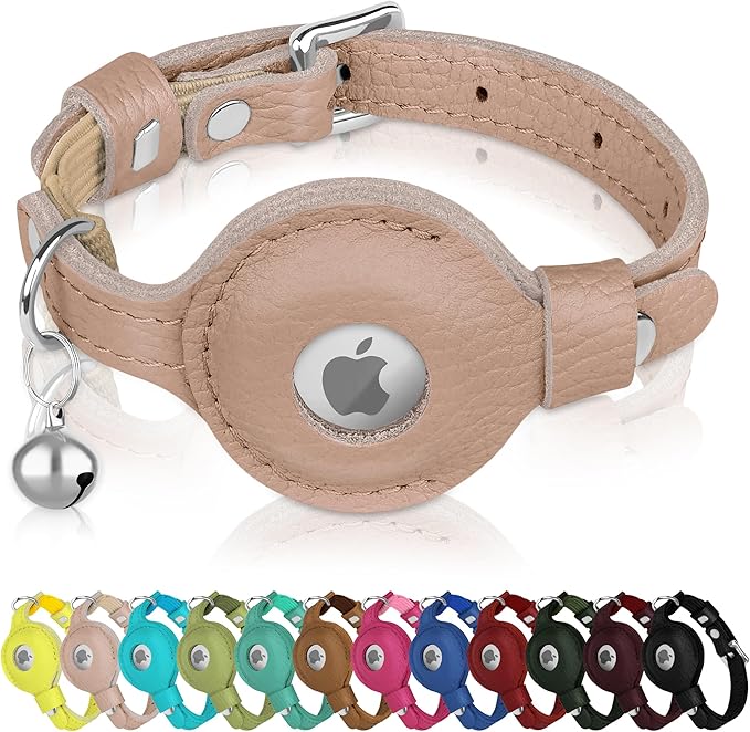 OOPSDOGGY Cat Collar for AirTag Holder, Leather Kitten Collars with Elastic Strap & Bell, Non Breakaway Adjustable Small Pet Collars for Indoor & Outdoor for Boy, Girl (Beige)