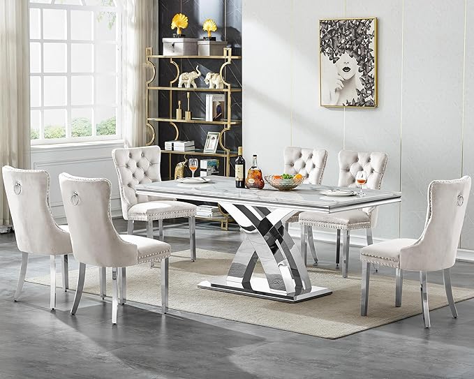 Modern White Marble Dining Table Set for 6,7-Piece Kitchen Table and Chairs for 6,Luxury Silver Dining Room Table Set w/68" Rectangle Dinner Table & 6 Beige Velvet Chairs for Kitchen Dining Room