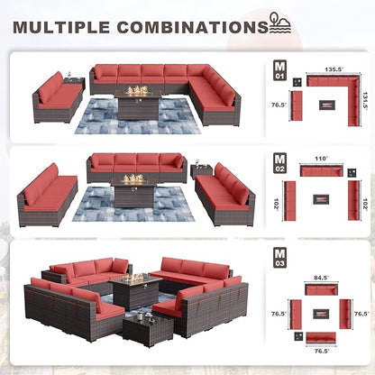 Kurapika 14 Pieces Patio Furniture Set, Rattan Wicker Outdoor Conversation Sets w/43in Propane Fire Pit Table and 4 Inch Cushion(Red)
