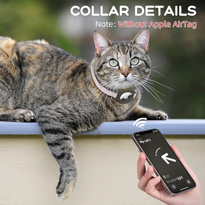 AirTag Cat Collars, Stretchy Collar with Apple AirTag Holder and Bell, Breakaway Design Ultra Elastic GPS Tracking Collars for Cats and Puppies, (7.5-12.5 Inch), Khaki