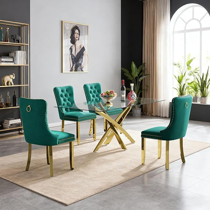 Goujxcy 51" Glass Dining Table Set for 4, Modern Kitchen Table and Chairs Set w/Steel Legs, 5-Piece Dining Table Set w/Glass Gold Dining Table and 4 Green Velvet Chairs for Kitchen Dining Room