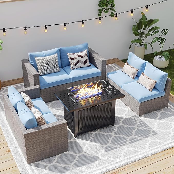 Wisteria Lane Patio Furniture Set for All Wheather, 7 Pieces Wicker Outdoor Furniture Set with Washable Cushions & Fire Pit Table, Oversized Outdoor Sectional for Garden, Poolside, Backyard, Blue