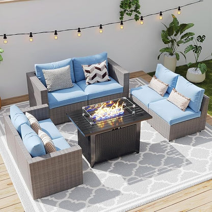 Wisteria Lane Patio Furniture Set for All Wheather, 7 Pieces Wicker Outdoor Furniture Set with Washable Cushions & Fire Pit Table, Oversized Outdoor Sectional for Garden, Poolside, Backyard, Blue