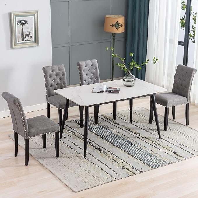 Westice Dining Room Chairs Set of 8 Upholstered Fabric Kitchen Chairs Dining Room Side Chair with Nailhead Trim and Rubber Wood Legs for Small Space Apartment, Gray