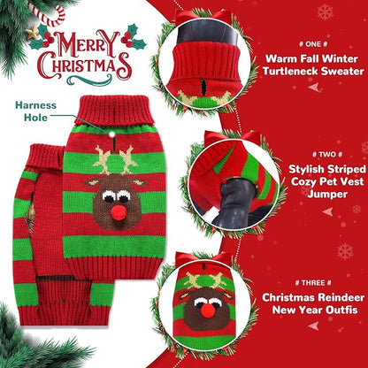 PETCARE Dog Christmas Sweater with Leash Hole Cute Striped Reindeer Dog Clothes for Small Medium Large Dogs Girl Boy Warm Fall Winter Knitted Pullover Vest Pet Puppy Cat Xmas Outfits