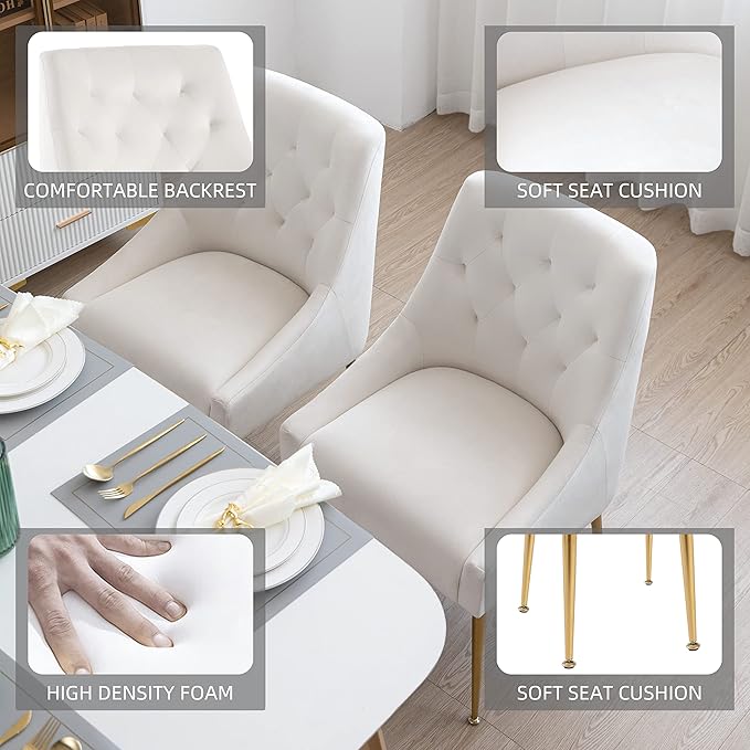 Modern Dining Chairs Set of 2, Mid Century Chairs with 5.12” Cushions and Golden Legs, Velvet Upholstered Dining Chairs with Back Pull Rod, for Kitchen, Living Room (Beige)