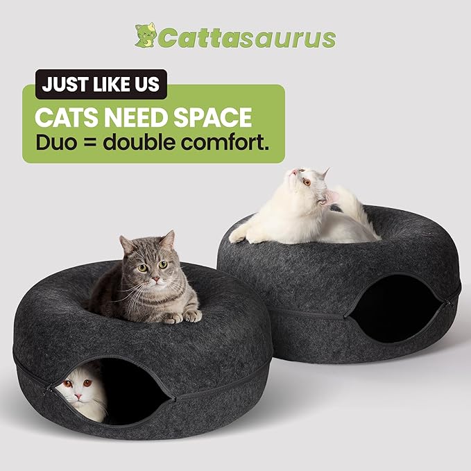 CATTASAURUS Peekaboo Cat Cave for Multiple & Large Cats Up to 30-45 Lbs, Scratch Detachable & Washable Tunnel Bed, Comfy Donut Cat Cave (Dark Gray + Dark Gray, Large)