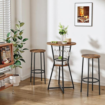 HOOBRO Round Bar Table, 2-Tier Counter Height Pub Table with Wine Glass Holder, Industrial Cocktail Table, for Small Space, Tavern, Living Room, Dining Room, Patio, Rustic Brown and Black BF62BT01G1