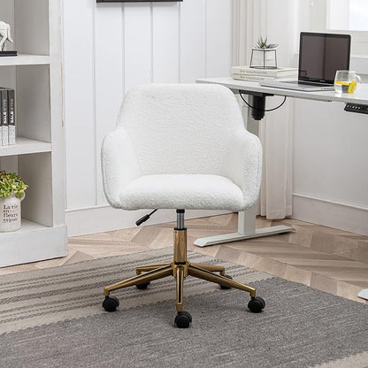 Goujxcy Fluffy Desk Chair, Faux Fur White Vanity Chair Swivel Office Chair for Girls Women, Height Adjustable Cute Teddy Furry Makeup Chairs for Bedroom Home Office