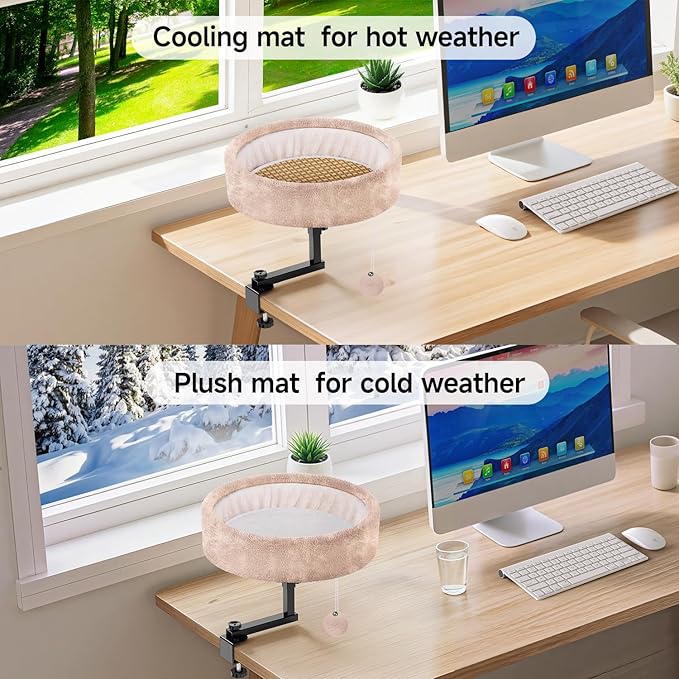 Cat Desk Bed - 360° Rotating & Adjustable, Supports 44 lbs, Soft Faux Fur with Dual-Sided Reversible Mat, Modern Indoor Cat Nest Furniture for Office Desks and Game Tables, Island Table